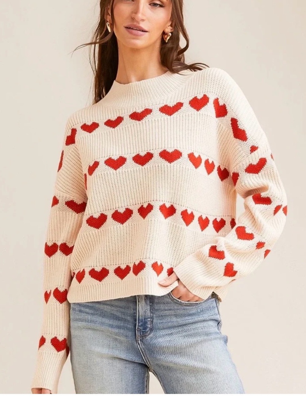 White Knitted Sweater with Red Hearts Size XL
